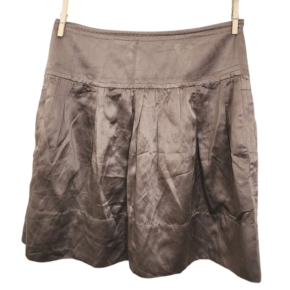 Y2K BCBGMAXAZRIA Bronze Silk Blend Pleated Mini Skirt w/ Pockets Brown Women Sz4